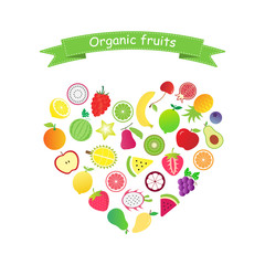 Organic fruit heart pattern (Cherry ,Banana ,Strawberry ,Mangosteen ,Watermelon ,Pineapple ,Orange ,Grape ,Rose apple ,Blueberry ,Durian ,Lemon ,Lime ,Avocado ,Mango ,Grapefruit) on white background.