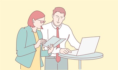 Obraz premium Hand drawn vector illustration of man and woman discussing work.