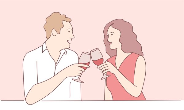 Hand Drawn Vector Illustration Of Couple Drinking Wine.