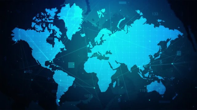 World map digital network connected blue background,Video background images for business launches,Introduction to business marketing technology presentation content,Corporate map loopable moving 