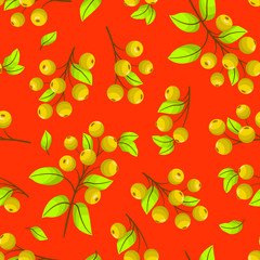 Vector seamless pattern with yellow rowanberry twigs on orange background; natural design for fabric, wallpaper, wrapping paper, packaging, textile, web design.