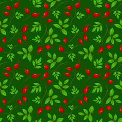 Vector seamless pattern with rose hip on green background; natural design for fabric, wallpaper, wrapping paper, textile, packaging, web design.