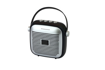 Small pocket size bluetooth speaker silver colour isolated on white background