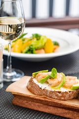 bruschetta with avocado and shrimps