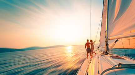 Young couple enjoys sailing in the tropical sea at sunset on their yacht. Motion blurred image