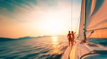 Poster Young couple enjoys sailing in the tropical sea at sunset on their yacht. Motion blurred image © Dudarev Mikhail