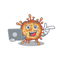 An icon of smart retro virus corona working with laptop