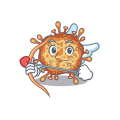 Romantic picture of retro virus corona Cupid cartoon character with arrow and wings