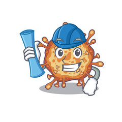 Smiling Architect of retro virus corona having blue prints and blue helmet