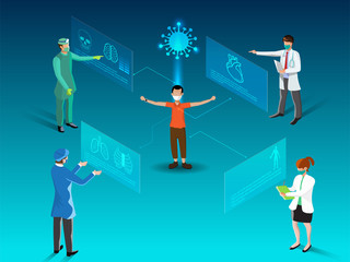 Isometric smart health and covid-19 concept futuristic design illustration - track your health condition through devices network control.