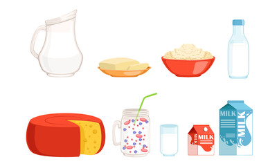 Fresh and Healthy Dairy Products Collection, Cheese, Milk, Butter, Cottage Cheese, Smoothies Vector Illustration