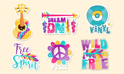 Retro Hippie Patches Collection, Cute Colorful Bright Stickers Vector Illustration