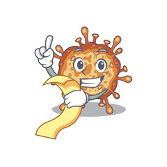 cartoon character of retro virus corona holding menu ready to serve