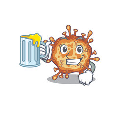 Cheerful retro virus corona mascot design with a glass of beer