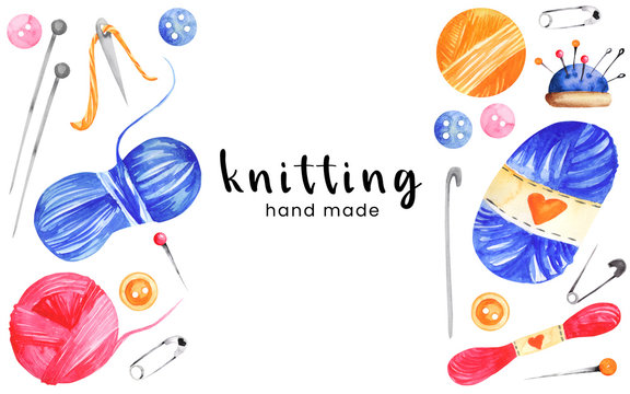 Knitting frame with tools: knitting needles, crochet hook, thimble, safety pins, row counter, yarn, clews. Hand drawn watercolor illustration isolated on white.