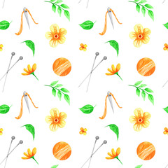 Knitting seamless pattern. Colorful  pattern with knitting and sewing tools on a white background, drawing watercolor. Fabric wallpaper print texture.