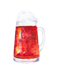 A mug of cold fresh dark beer with a thick foam. Watercolor illustration isolated on white background