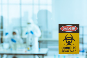 Biohazard sign or symbol in laboratory. Corona viruses or COVID-19.