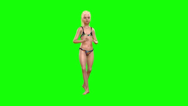 4k 3d animation of a young blond haired avatar girl wearing a bikini swimming costume, walks around