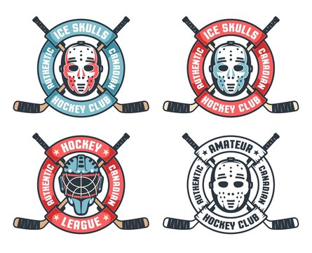 Hockey retro logo with goalie mask, crossed sticks and round ribbon. Sport retro goalkeeper helmet emblem. Vector illustration.