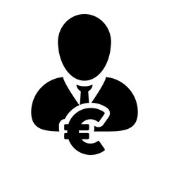 Income icon vector male user person profile avatar with Euro sign currency money symbol for banking and finance business in flat color glyph pictogram illustration