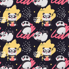 Seamless cute cartoon vector pattern with Panda Bears, leaves and plants