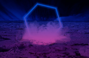 Surface of frozen lake, texture of ice in blue and pink gradient tones with neon light frame,...