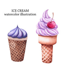 Watercolor two ice cream in a waffle cup isolated on white background. Hand drawn illustration.