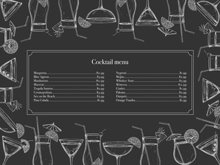 Template of the alcohol menu of the bar, restaurant cafe. Popular hand-drawn cocktails on a dark background. Vector illustration