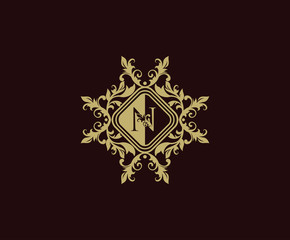 Luxury logo design with initial N. Elegant flourishes N Letter. Border carved frame logo template. Vintage vector element.