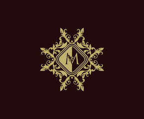 Luxury logo design with initial M. Elegant flourishes M Letter. Border carved frame logo template. Vintage vector element.