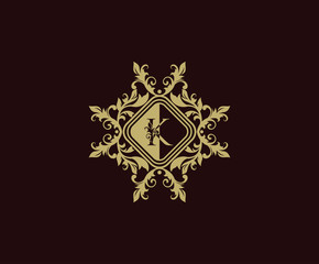 Luxury logo design with initial K. Elegant flourishes K Letter. Border carved frame logo template. Vintage vector element.