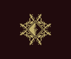 Luxury logo design with initial I. Elegant flourishes I Letter. Border carved frame logo template. Vintage vector element.