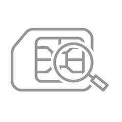 SIM card under magnifying glass line icon. Mobile slot, phone card symbol