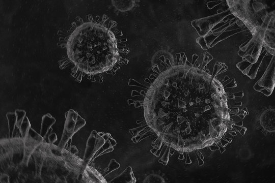 Coronavirus, virus, flu, bacteria close-up. Abstract 3D rendered, black & white, illustration