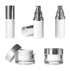 Set of luxury cosmetic products on white background