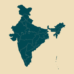 Indian map with states vector illustration.Dutch white mid night green color.