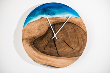 Round eco clock made of wood and epoxy. The subject of interior in your home. Natural handmade...