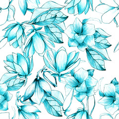 Seamless pattern with pencil magnolia. magnolia buds. manual graphics. Botanical flower, mascara, floral pattern for textile decoration and design, patterns. botanical color illustration. 