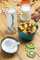 Obraz na płótnie Canvas Muesli balanced protein breakfast. Fruits, berries seeds, nuts, coconut.