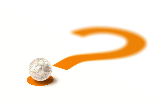 What's next for our Earth ?, Think about Earth concept. Metal Puzzle World on Blurred Orange Question Mark Sign on White Background