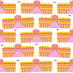 Naklejka premium Illustration of The Louvre Museum seamless pattern on white background. Paris icons and travels with flat design style..