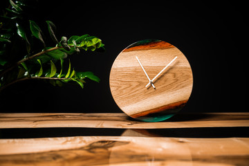 Round eco clock made of wood and epoxy. The subject of interior in your home. Natural handmade...