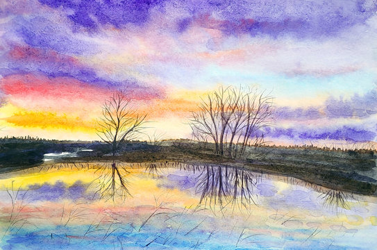 Watercolor sunset over lake