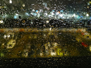 raindrops on the window against the background of city lights