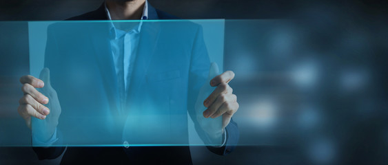 Close-up of a young man using futuristic latest innovative technology