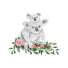 illustration of a koala with a cub in flowers