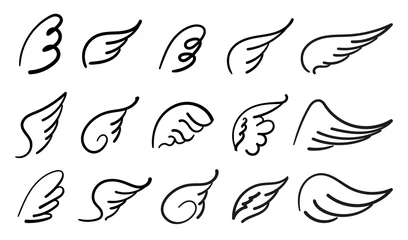 Fotobehang Vleugels vogels en engel. Cartoon doodle vogel tattoo vleugel pictogram. Feather schets handgetekende collectie © elena_garder