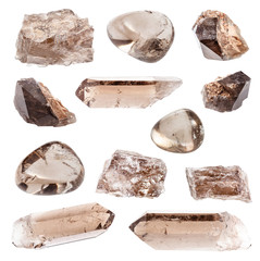 set of various Smoky Quartz gemstones isolated