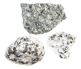 set of various diorite rocks isolated on white